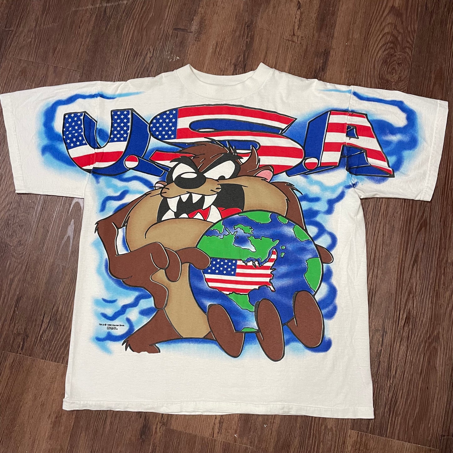 Vintage Taz 1995 Warner Bros USA Flag T Shirt