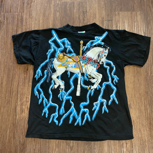 Vintage American Thunder T Shirt Lightning Carousel Horse